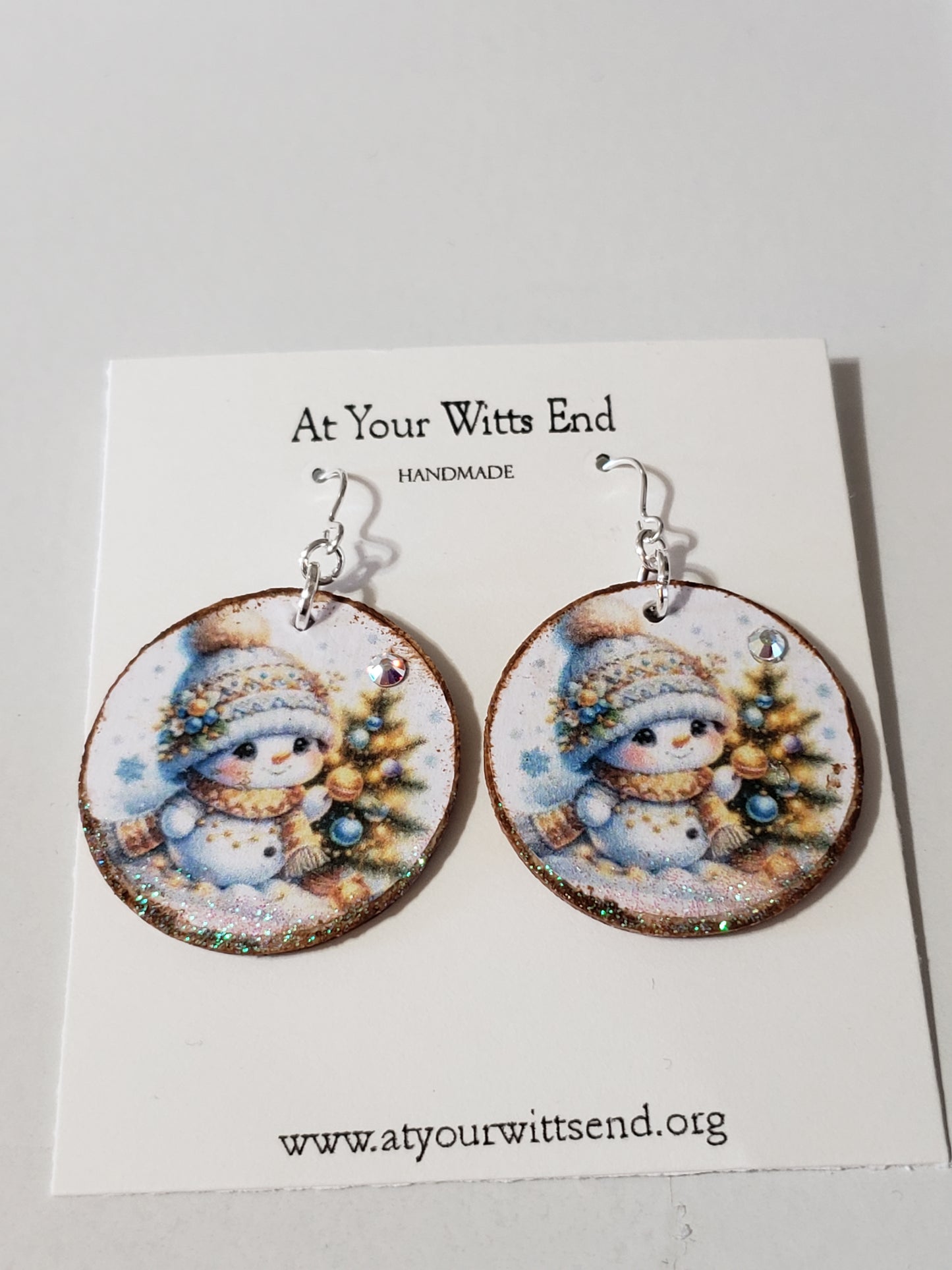 Wooden Decoupage Earrings (Cute Tiny Snowman) round