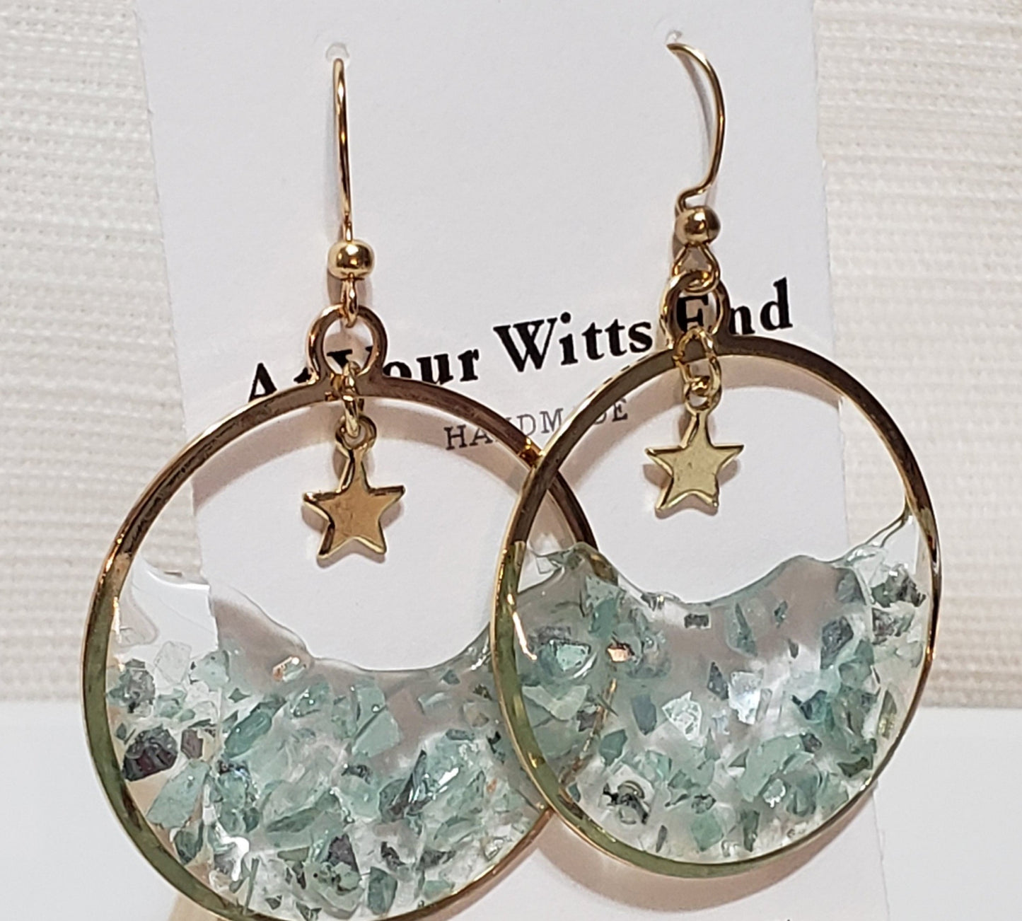 Minty Stardust Resin Hoop Earrings – Pale Green Glass Chip Dangles – Gold Hoops with Star Charm – Lightweight Handmade Jewelry
