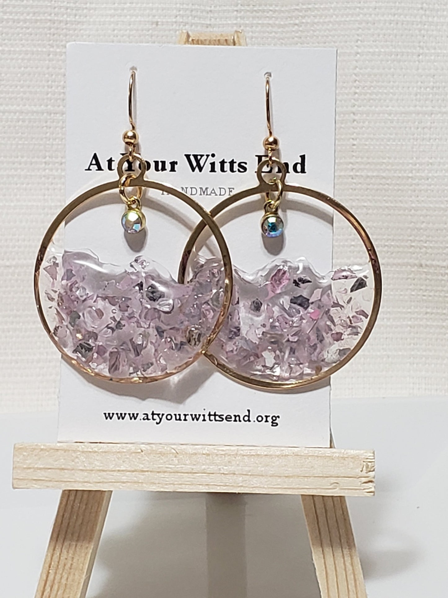 Lavender Dream Resin Hoop Earrings – Handmade Glass Chip Dangle Earrings – Gold Hoops with Iridescent Charm – Lightweight Statement Jewelry
