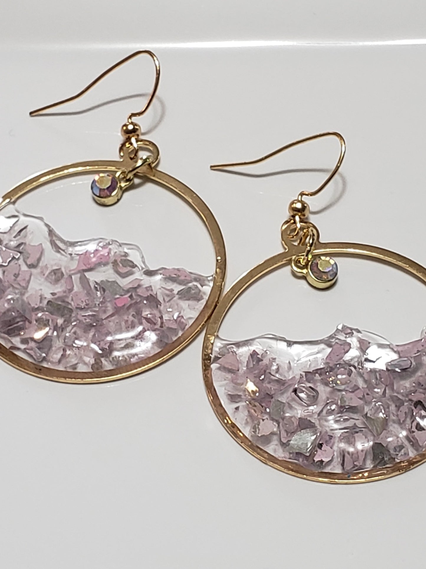 Lavender Dream Resin Hoop Earrings – Handmade Glass Chip Dangle Earrings – Gold Hoops with Iridescent Charm – Lightweight Statement Jewelry