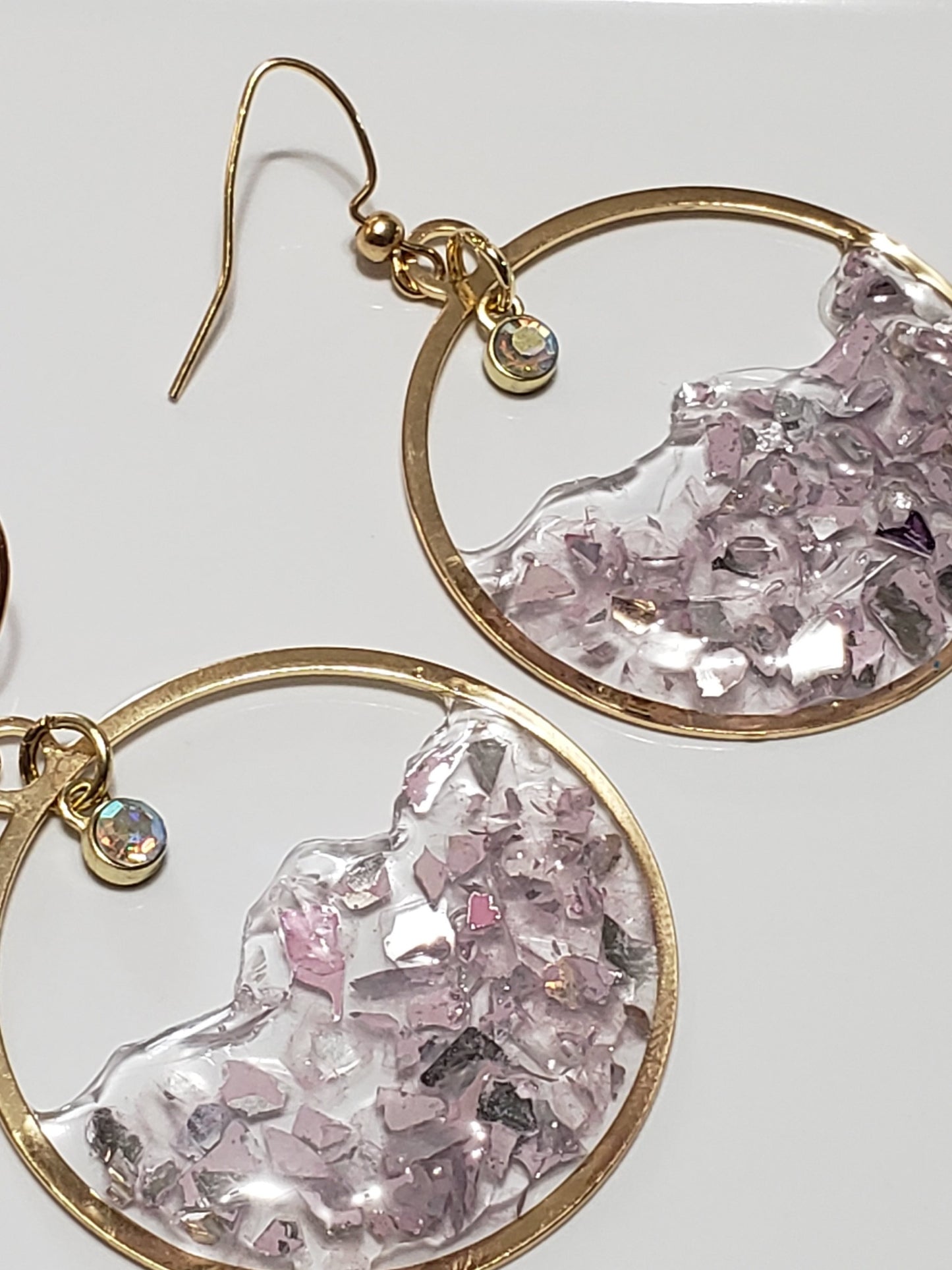 Lavender Dream Resin Hoop Earrings – Handmade Glass Chip Dangle Earrings – Gold Hoops with Iridescent Charm – Lightweight Statement Jewelry