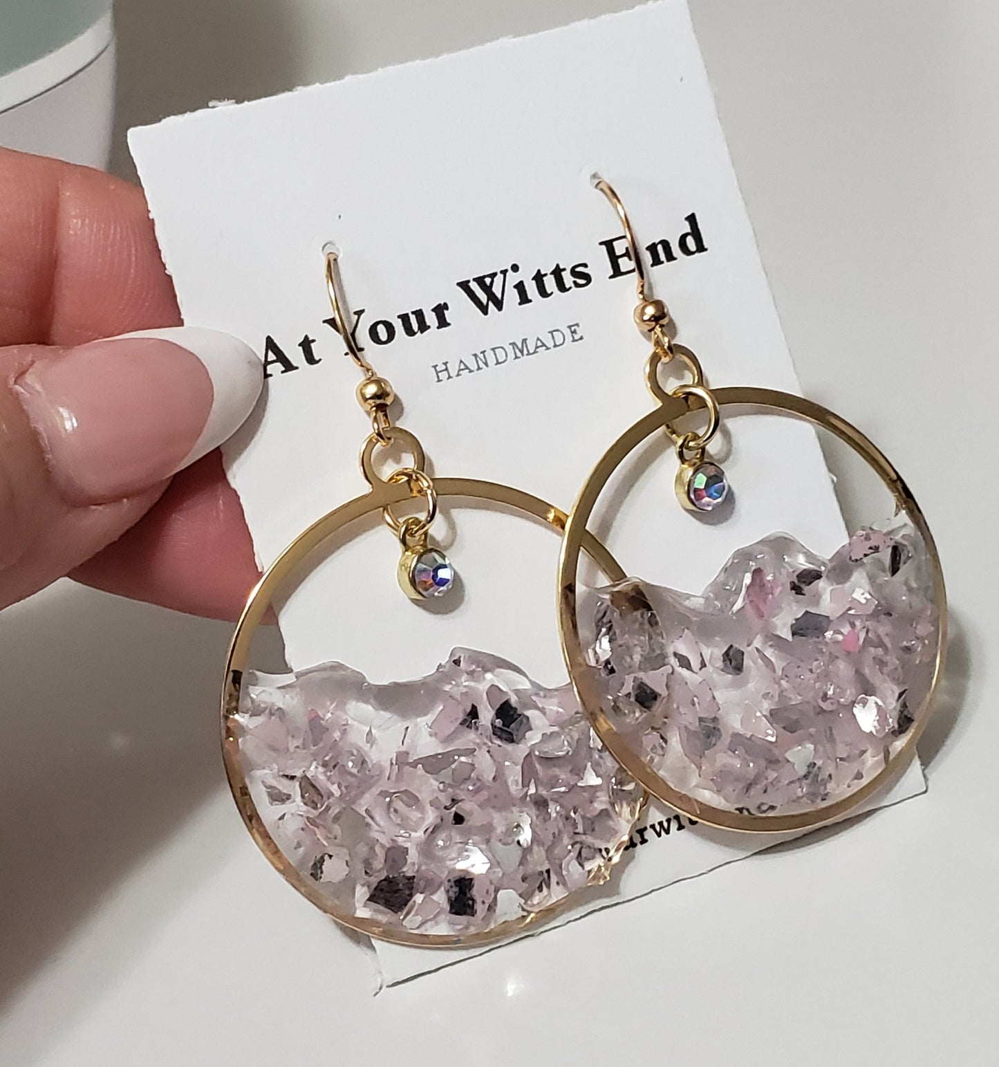 Lavender Dream Resin Hoop Earrings – Handmade Glass Chip Dangle Earrings – Gold Hoops with Iridescent Charm – Lightweight Statement Jewelry