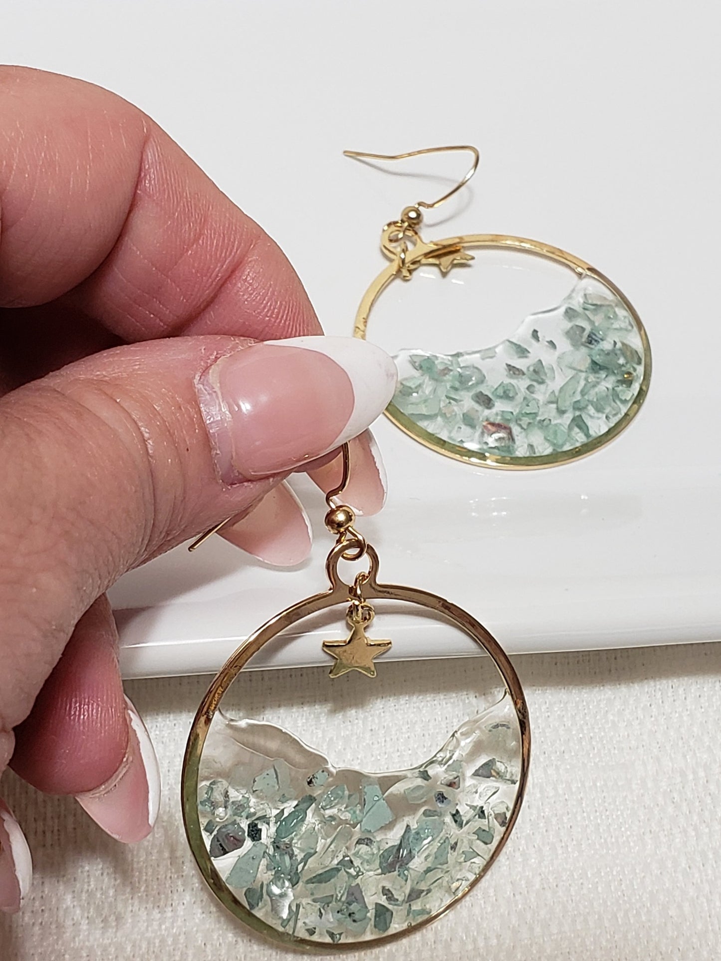 Minty Stardust Resin Hoop Earrings – Pale Green Glass Chip Dangles – Gold Hoops with Star Charm – Lightweight Handmade Jewelry