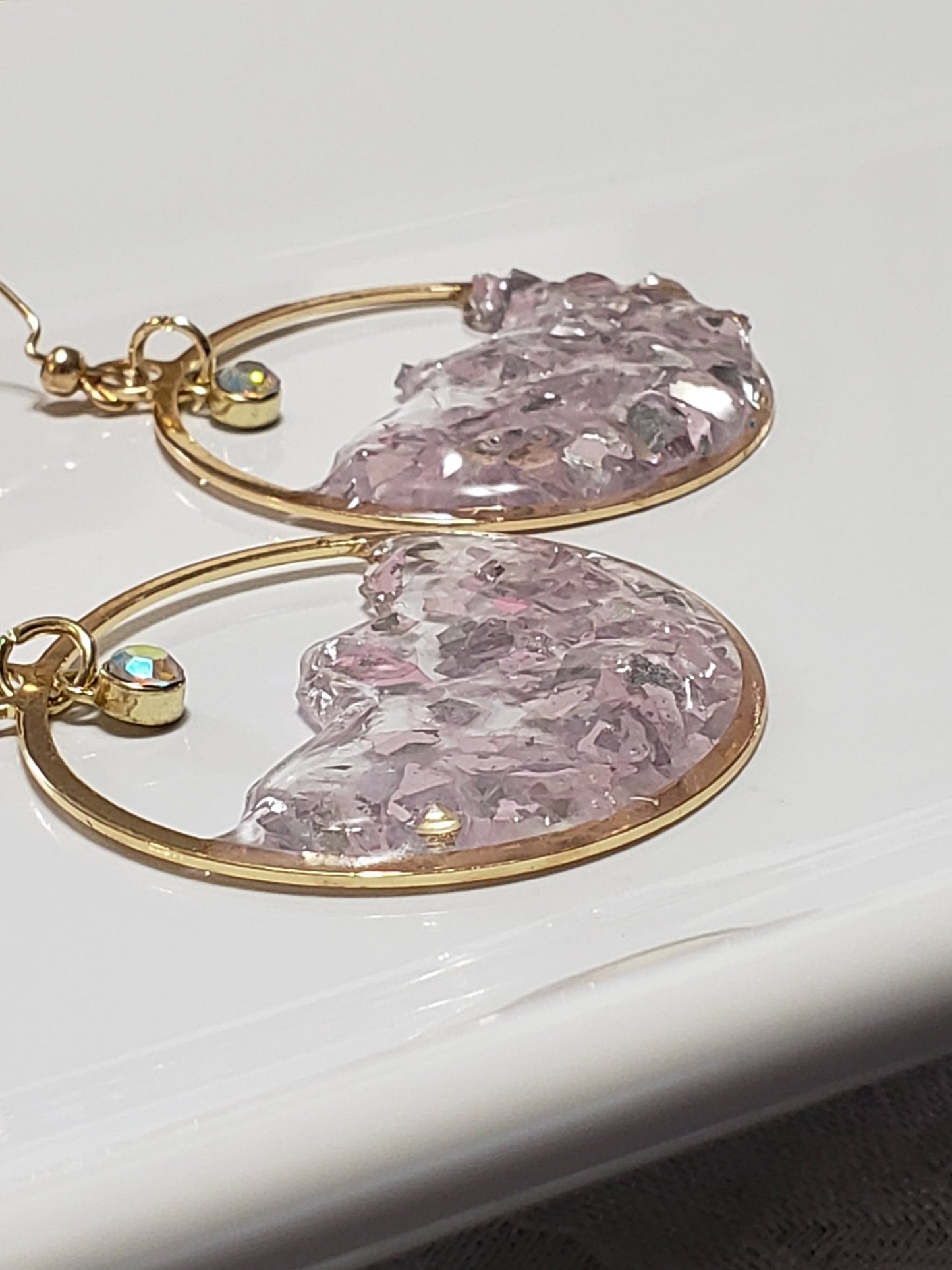 Lavender Dream Resin Hoop Earrings – Handmade Glass Chip Dangle Earrings – Gold Hoops with Iridescent Charm – Lightweight Statement Jewelry