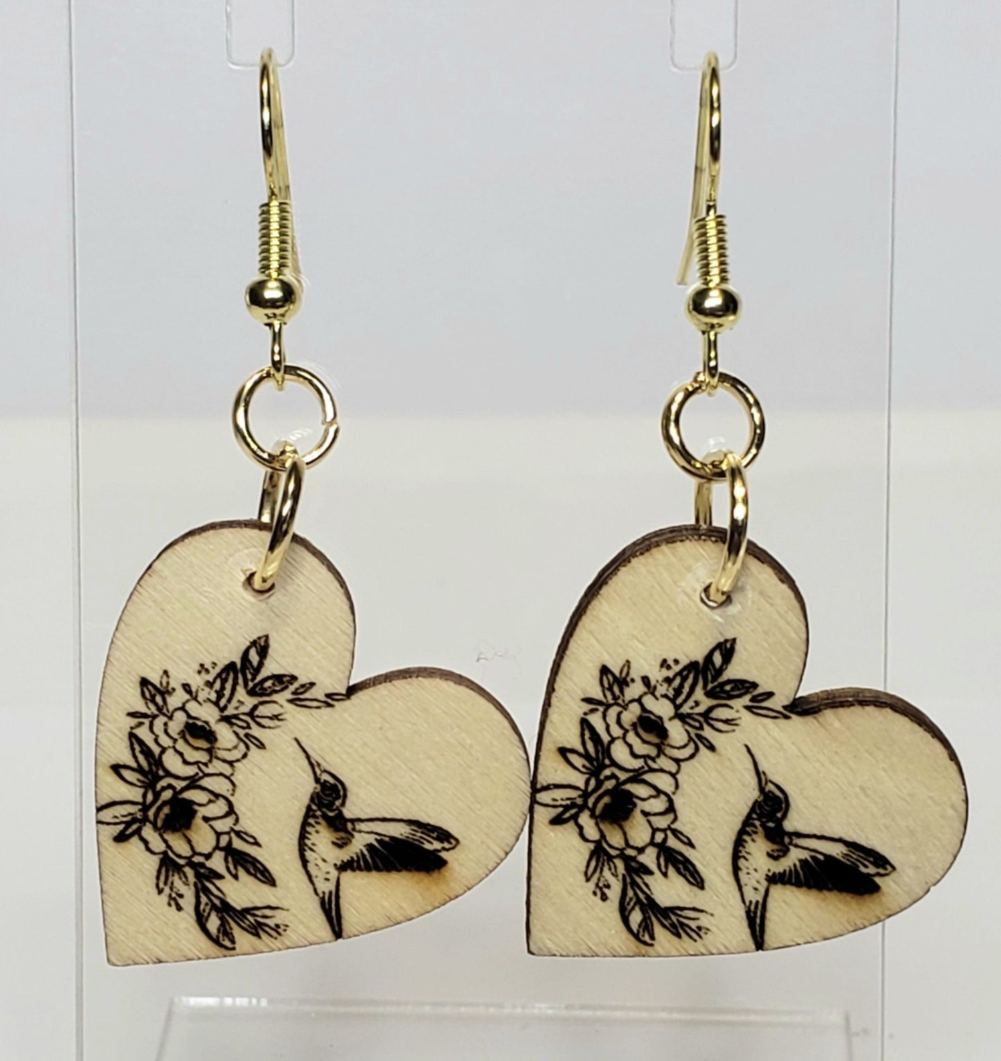 Laser-Engraved Hummingbird & Floral Heart Earrings – Lightweight Wood Jewelry