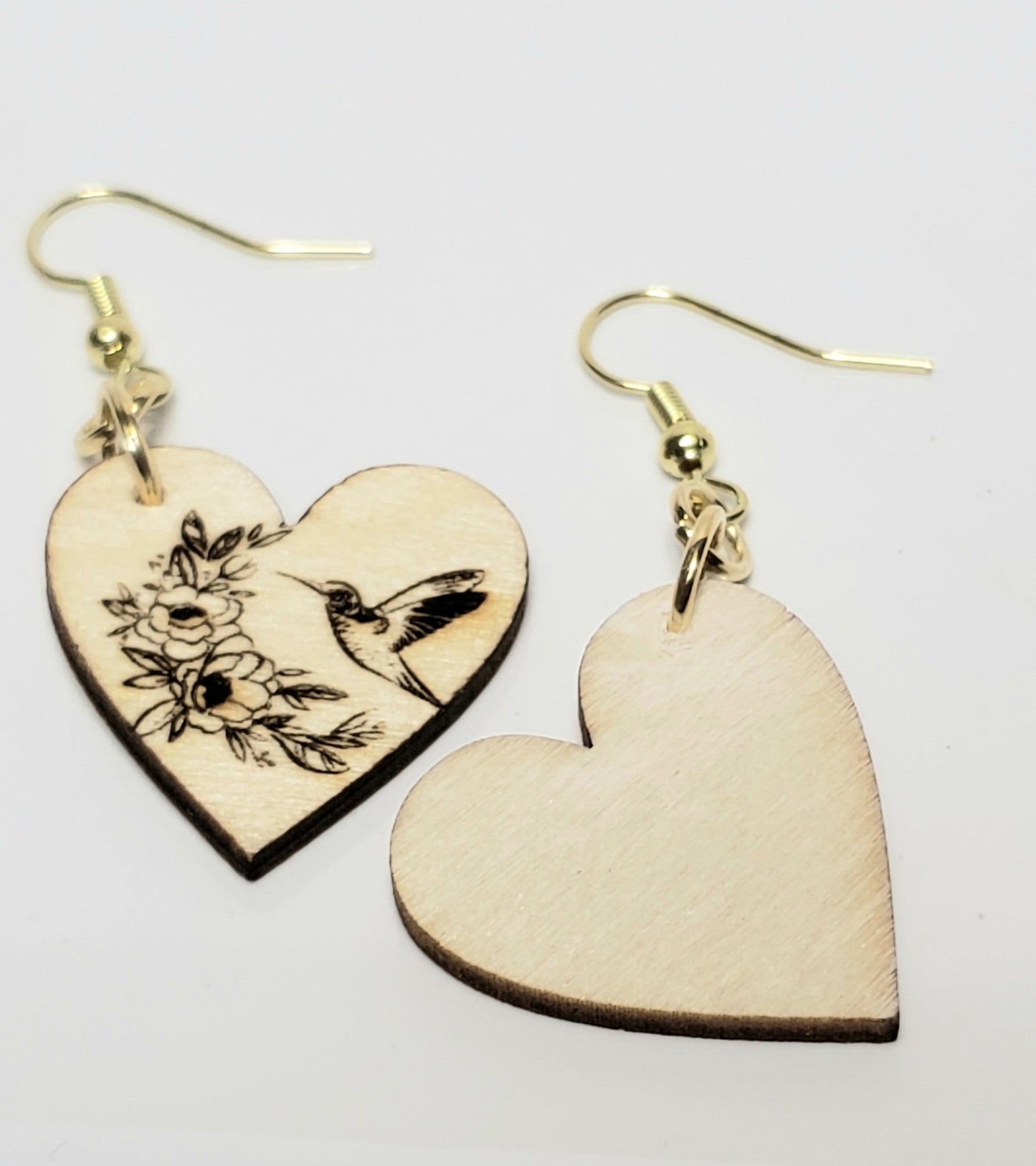 Laser-Engraved Hummingbird & Floral Heart Earrings – Lightweight Wood Jewelry