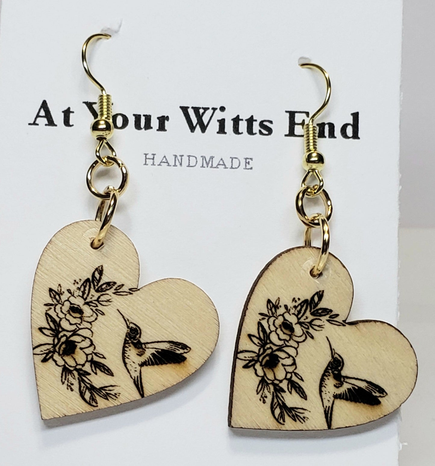Laser-Engraved Hummingbird & Floral Heart Earrings – Lightweight Wood Jewelry