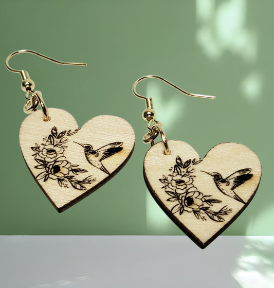 Laser-Engraved Hummingbird & Floral Heart Earrings – Lightweight Wood Jewelry