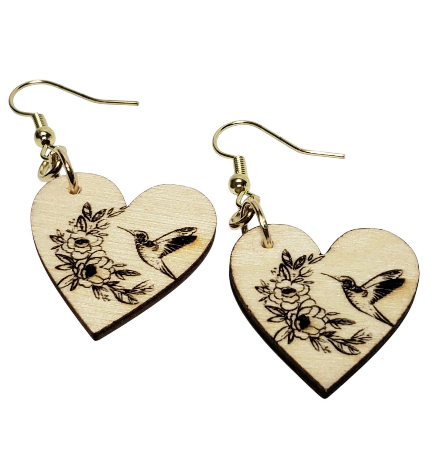 Laser-Engraved Hummingbird & Floral Heart Earrings – Lightweight Wood Jewelry