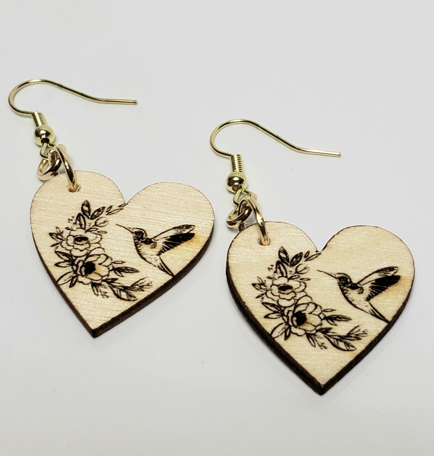 Laser-Engraved Hummingbird & Floral Heart Earrings – Lightweight Wood Jewelry
