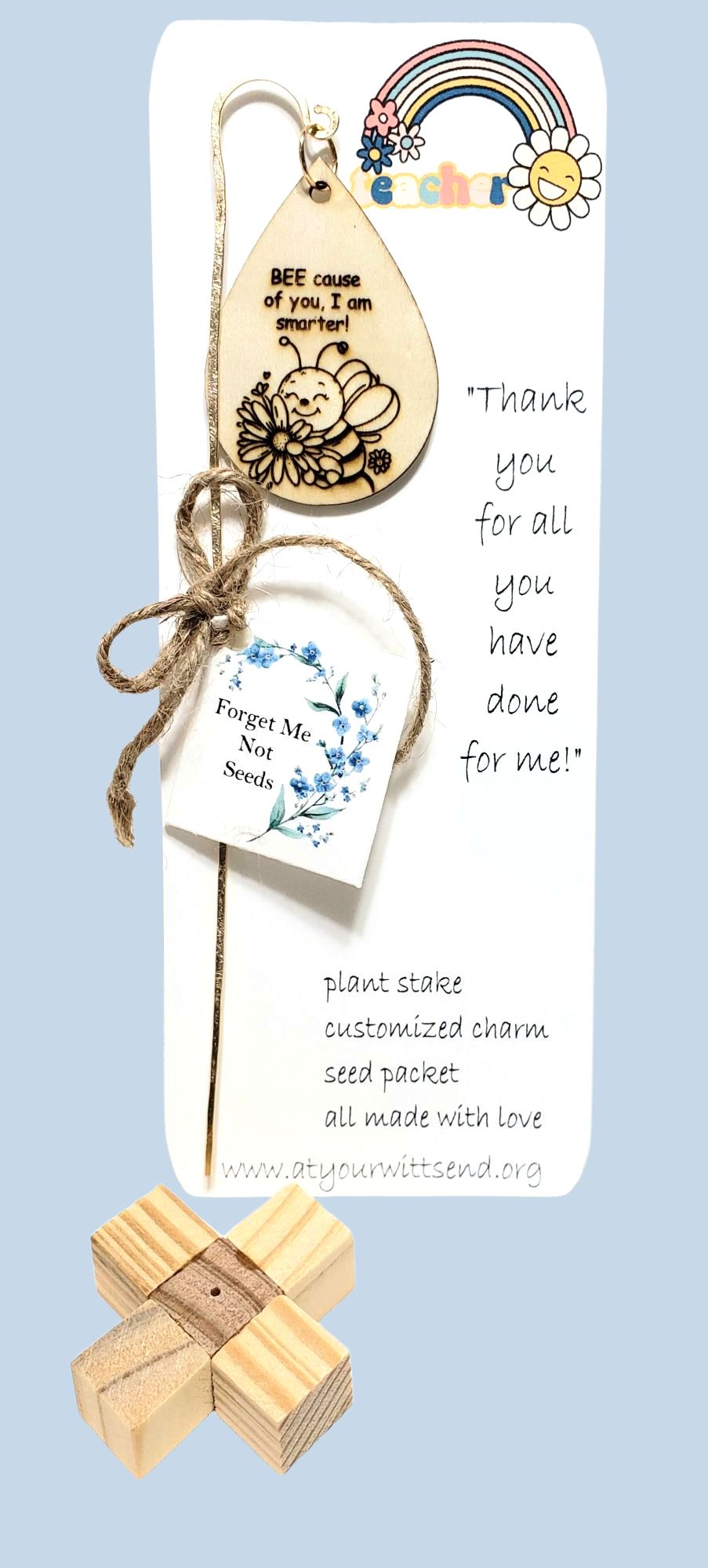 A thank you gift for child's teacher. Forget me not seeds for the memories.