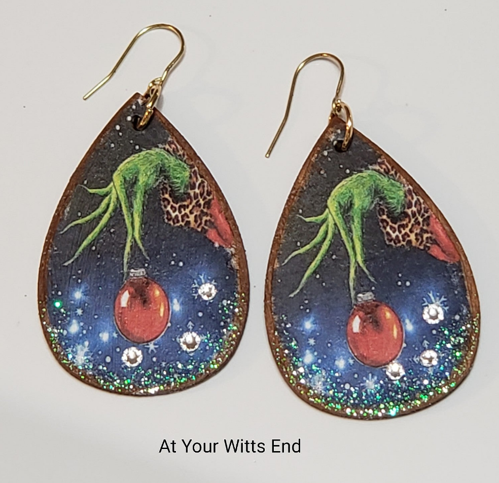 Wooded Decoupage Earrings (Grinch hand with ball)