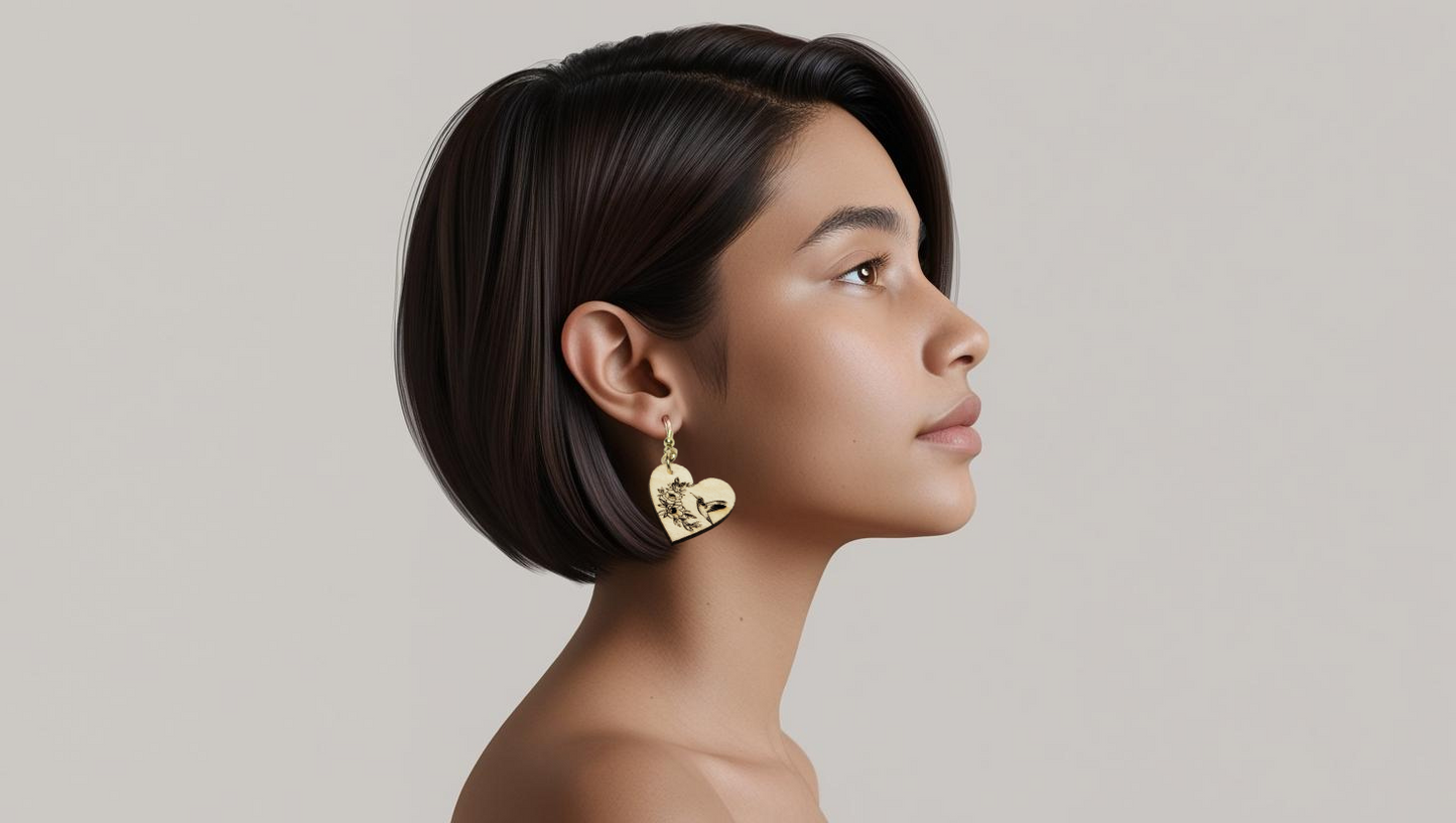 Laser-Engraved Hummingbird & Floral Heart Earrings – Lightweight Wood Jewelry