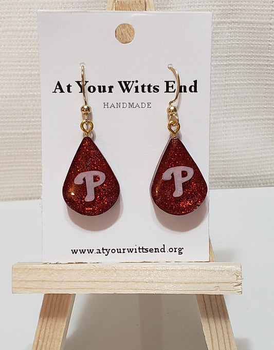 Phillies Sparkle Earrings | Red Glitter Resin Teardrops | Handmade Baseball Fan Jewelry