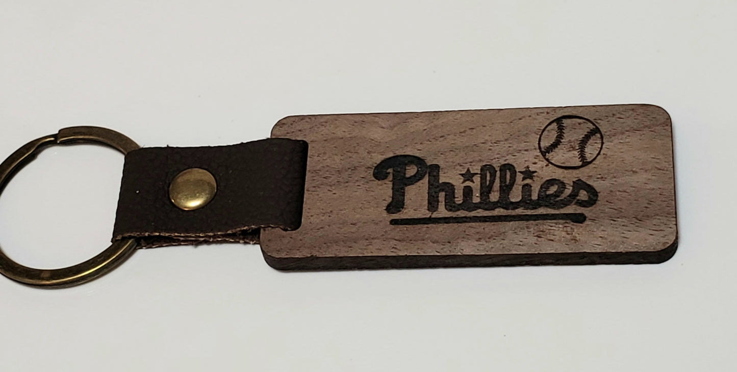 Dark Wood Keychain ‘Phillies’ with baseball