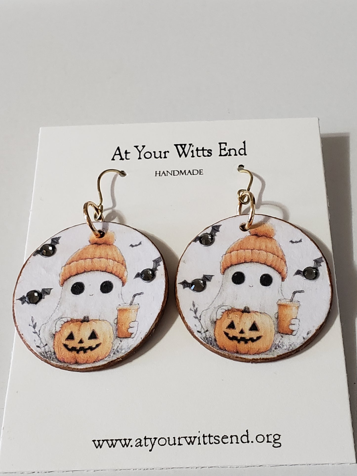 Wooden Decoupage Earrings (Ghost with Orange Hat) round
