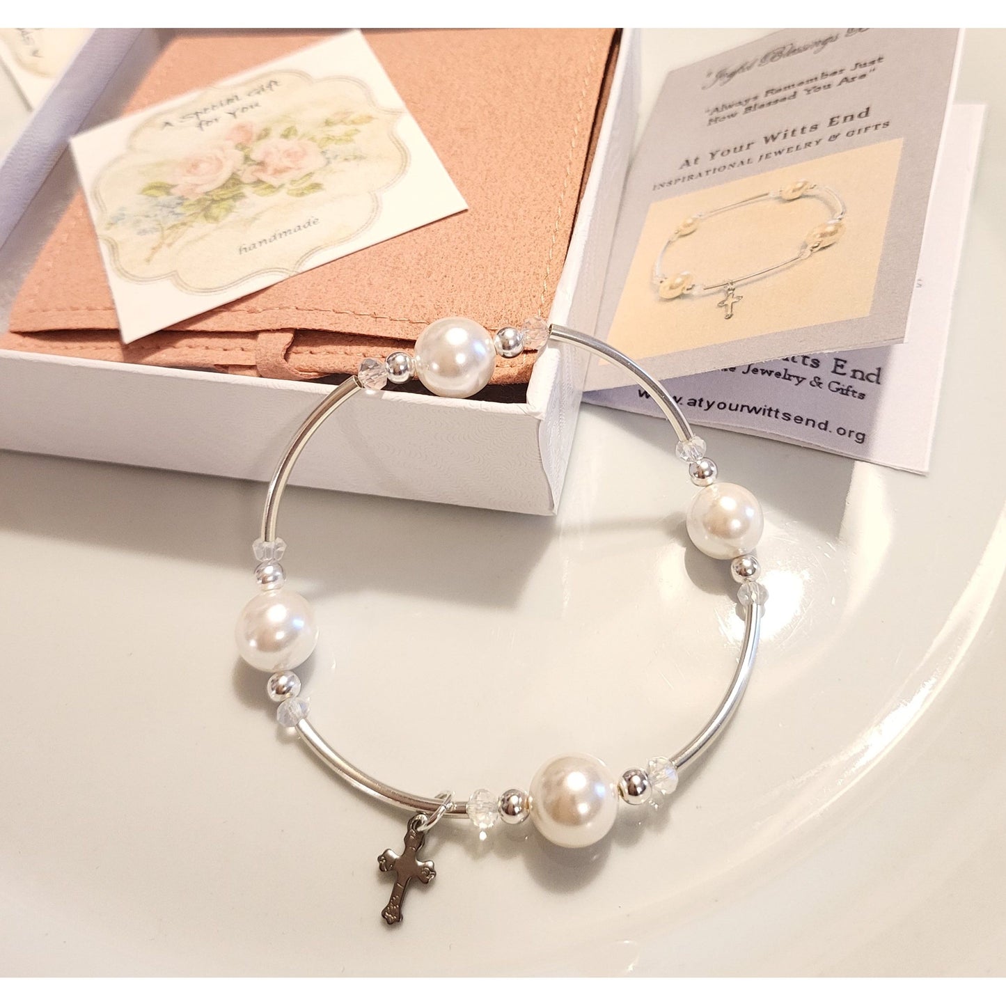 “Joyful Blessings Bracelet with champagne pearl beads and sterling silver cross – handmade faith jewelry”