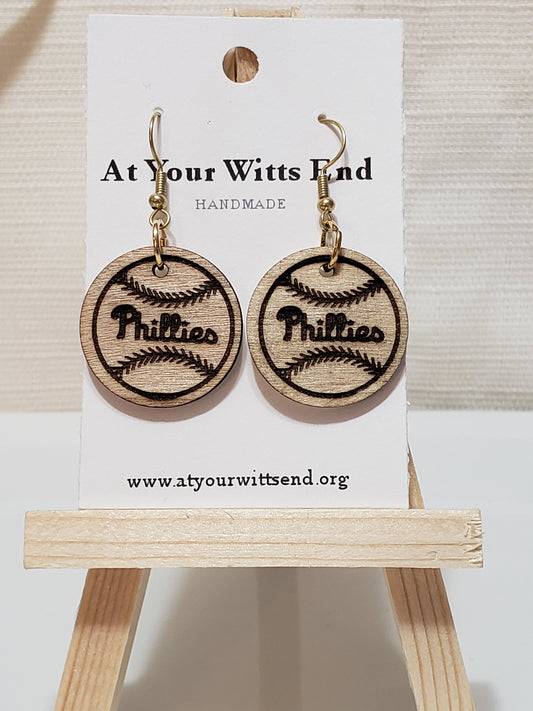 Phillies Baseball Earrings | Laser Engraved Wood Dangles | Handmade Lightweight Earrings for Fans