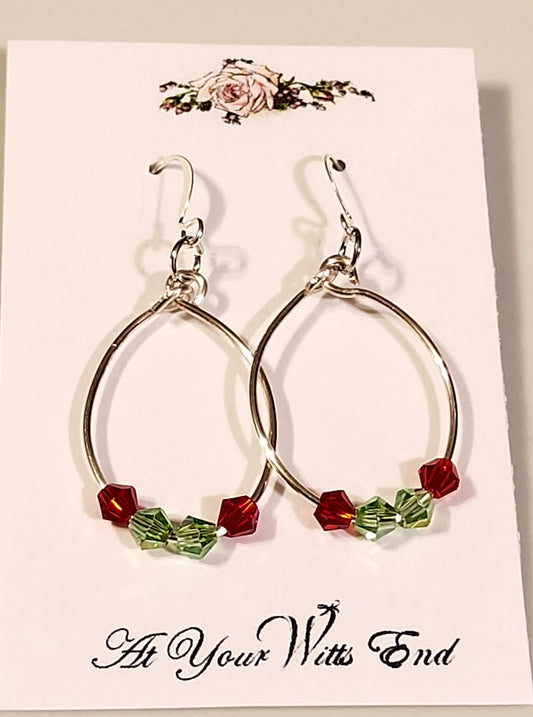 Christmas Earrings Silver Oblong Hoops with Red & Green Crystals