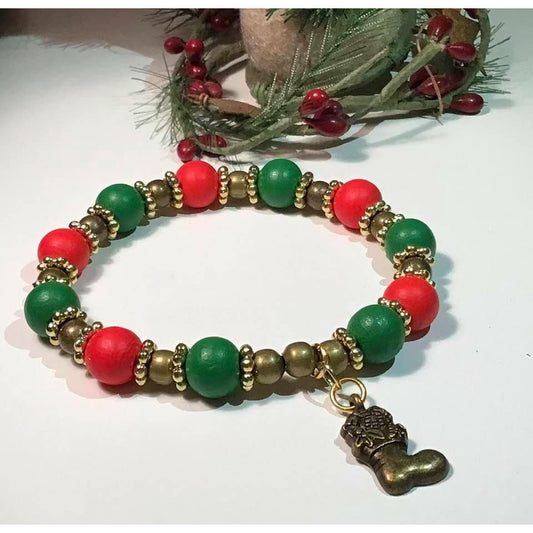 Red & Green Christmas Bracelet with wood and bronze beads with stocking charm