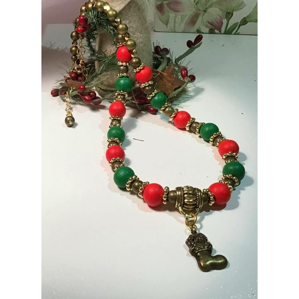 Red & Green Christmas Earrings with wood and bronze beads with stocking charms