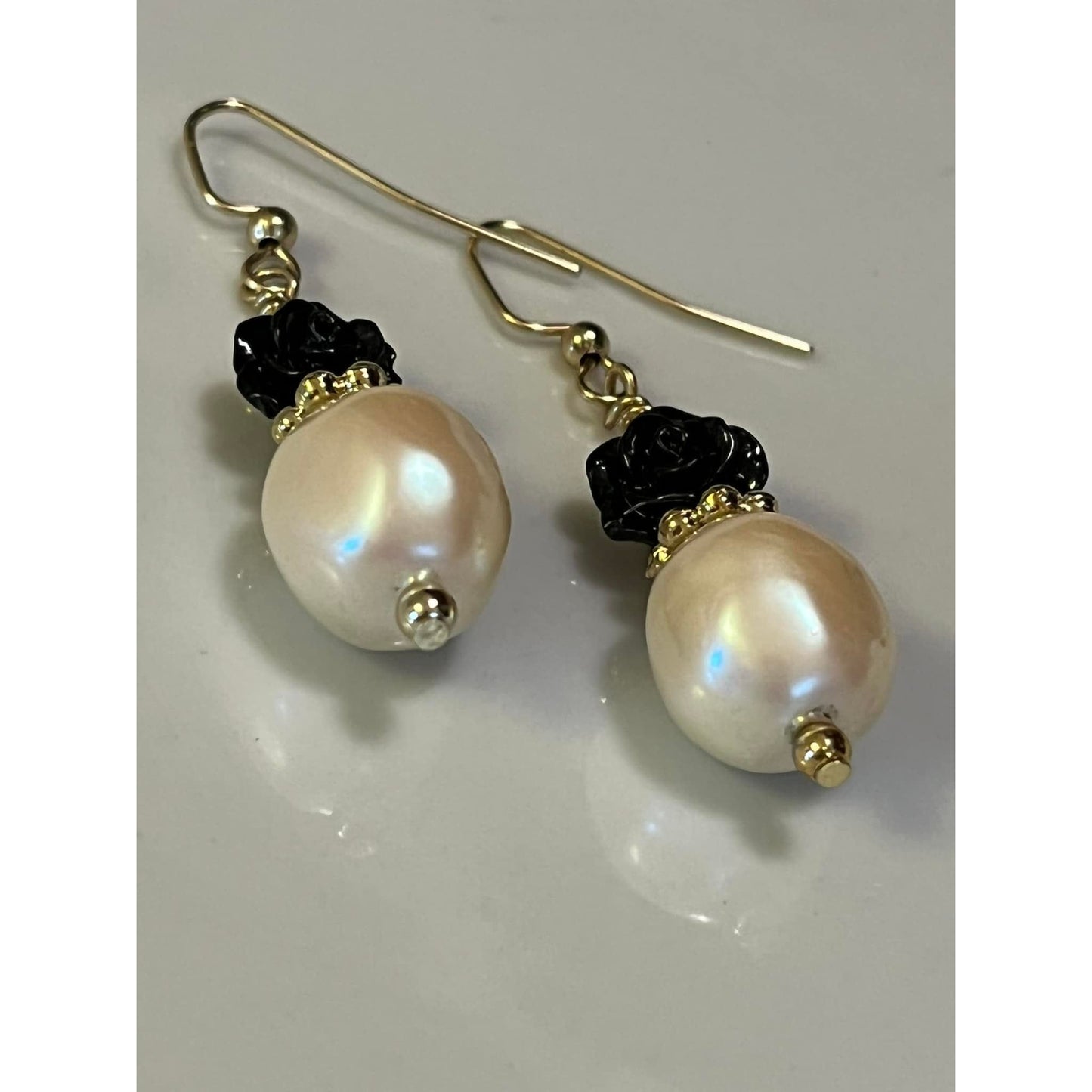 Black Rose & Cream Pearl Earrings