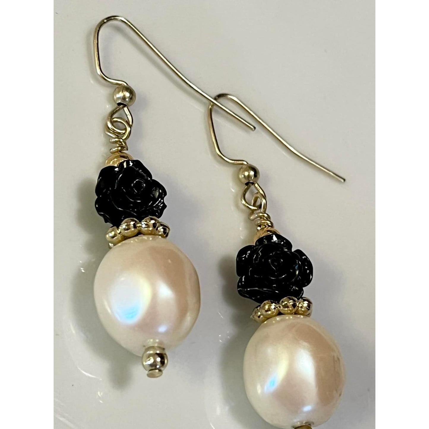 Black Rose & Cream Pearl Earrings