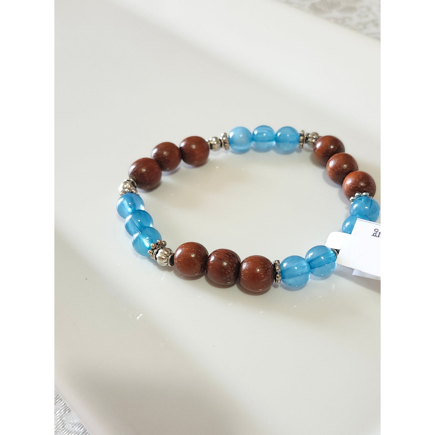 Blue & Wood Stretchy Bracelet