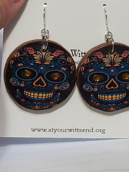 Wood Decoupage Earrings (Funky Pumpkin Skull) round