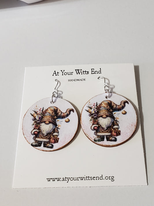 Wood Decoupage Earrings (Gnome) round