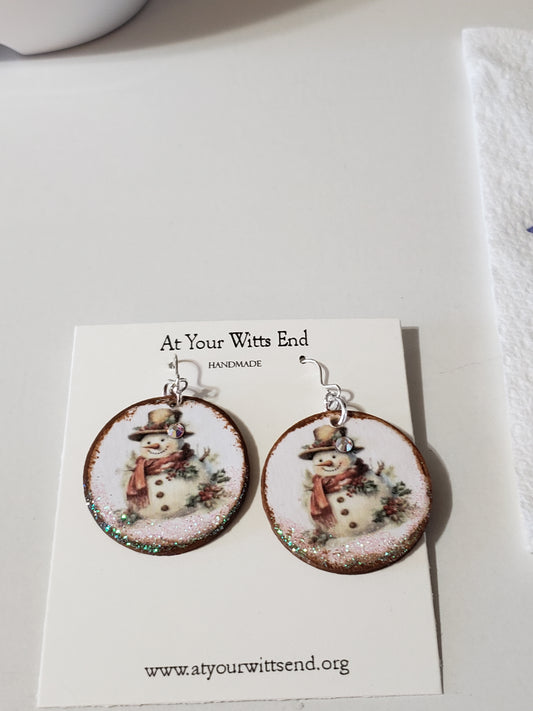 Wooden Decoupage Earrings (Snowman1) round