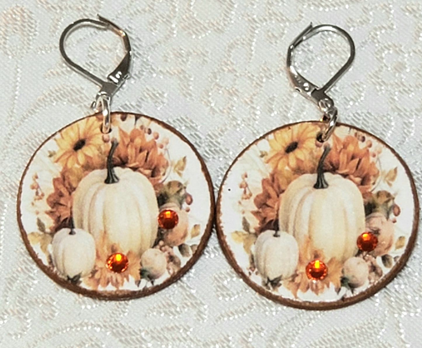 Wooden Decoupage Earrings (Pumpkin) round