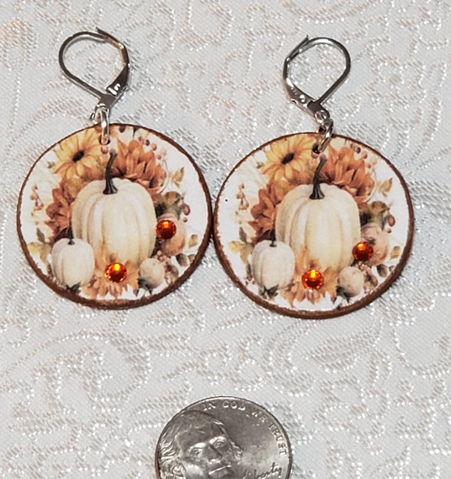 Wooden Decoupage Earrings (Pumpkin) round