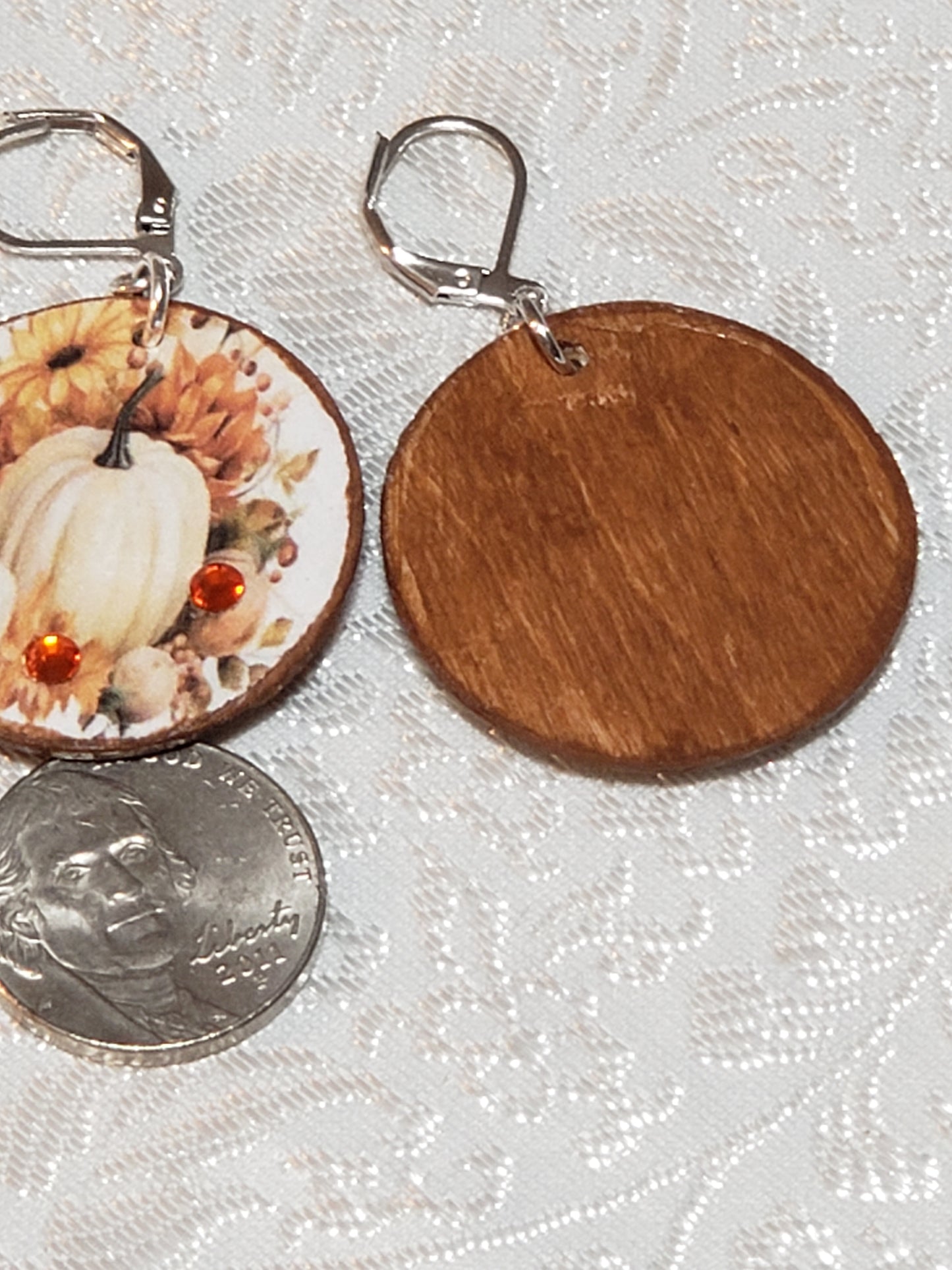 Wooden Decoupage Earrings (Pumpkin) round