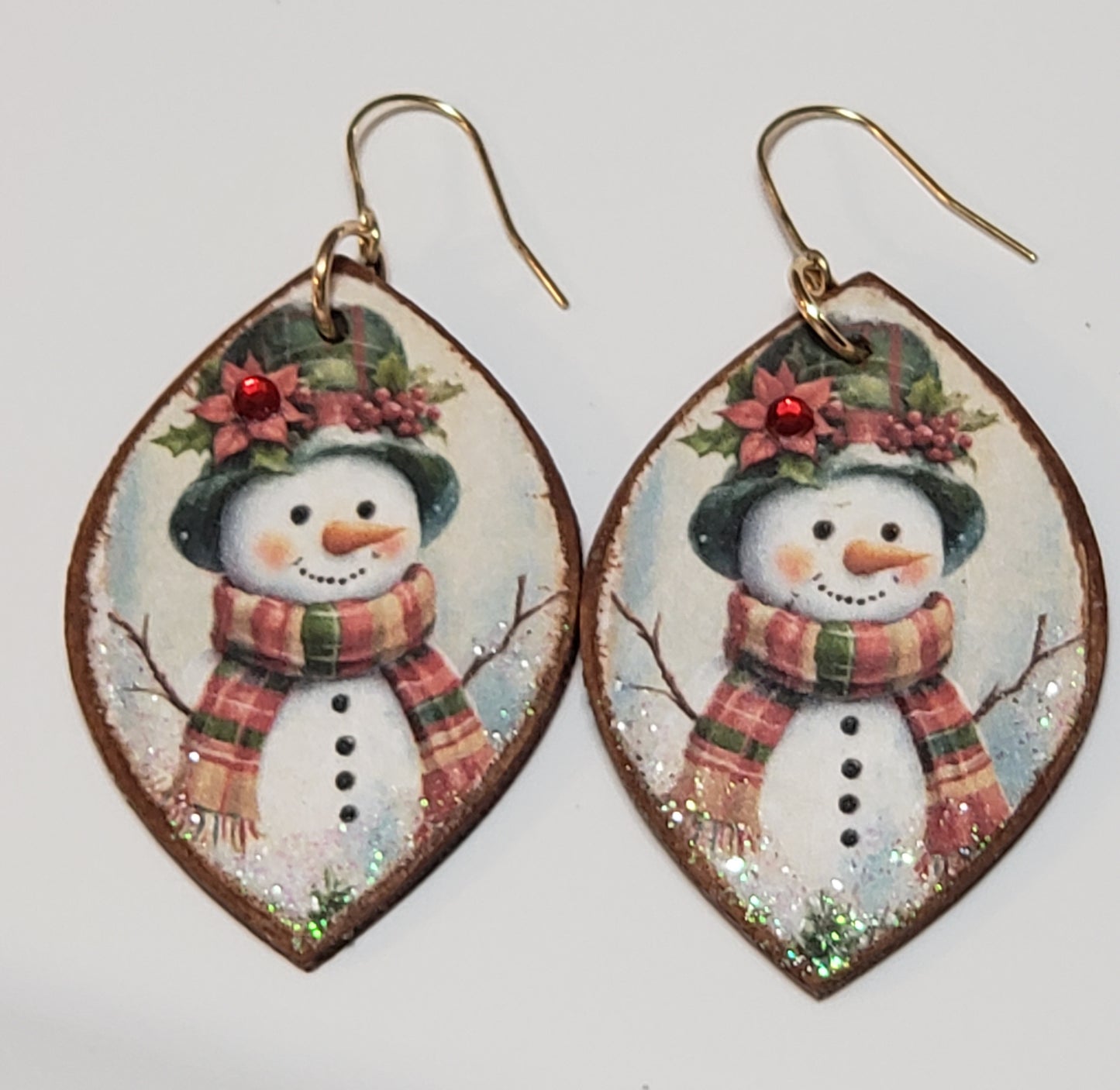 Wooden Decoupage Earrings (snowman with poinsettia hat, pointed oval