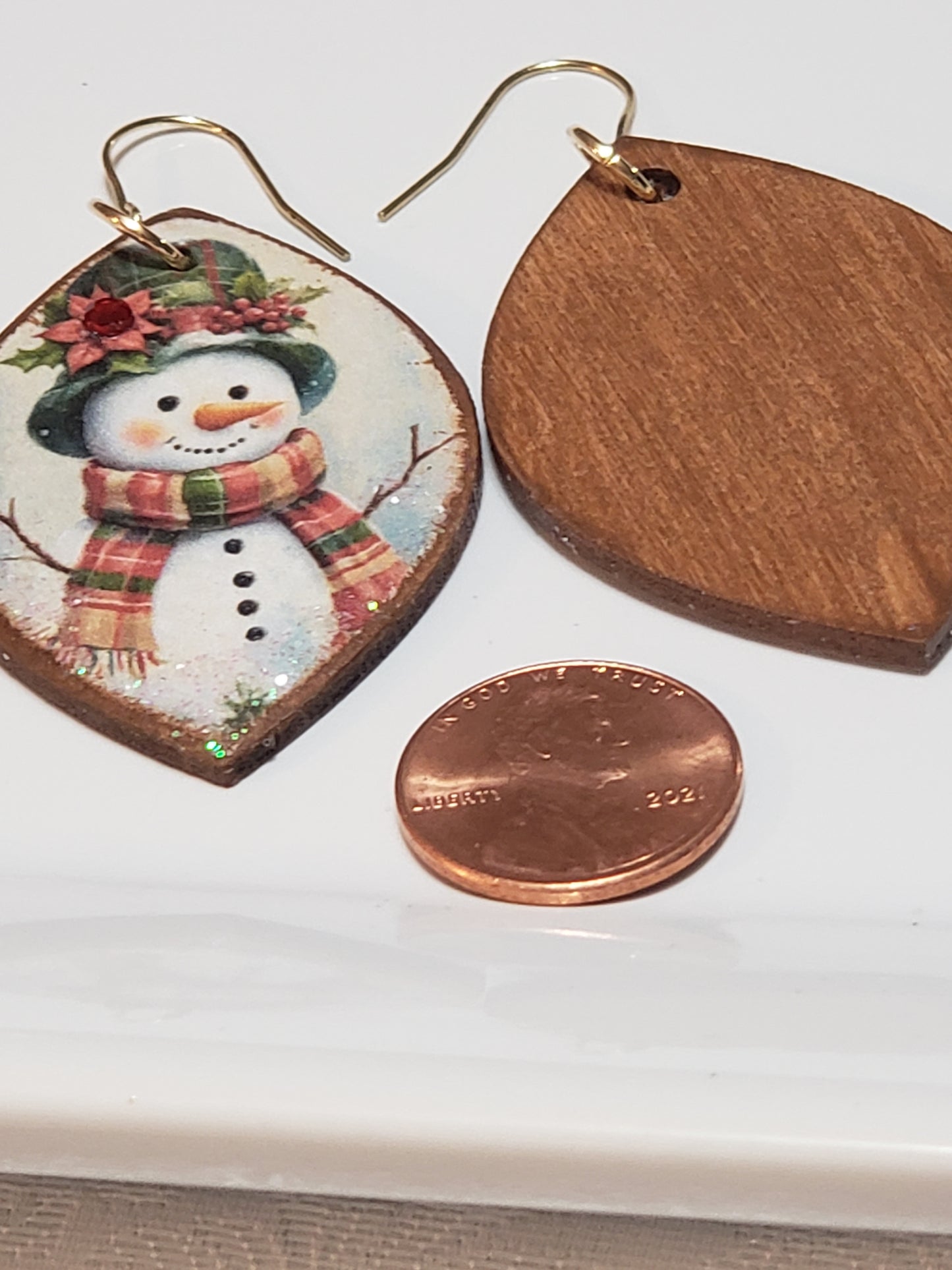 Wooden Decoupage Earrings (snowman with poinsettia hat, pointed oval