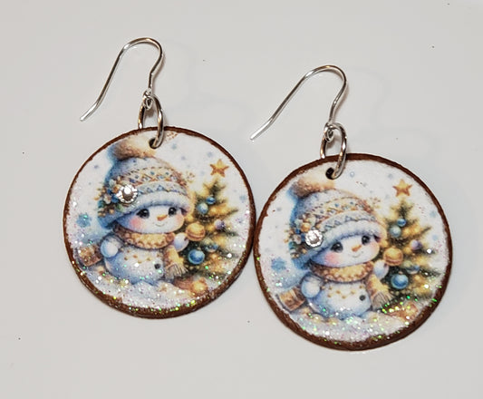 Wooden Decoupage Earrings (Cute Tiny Snowman) round