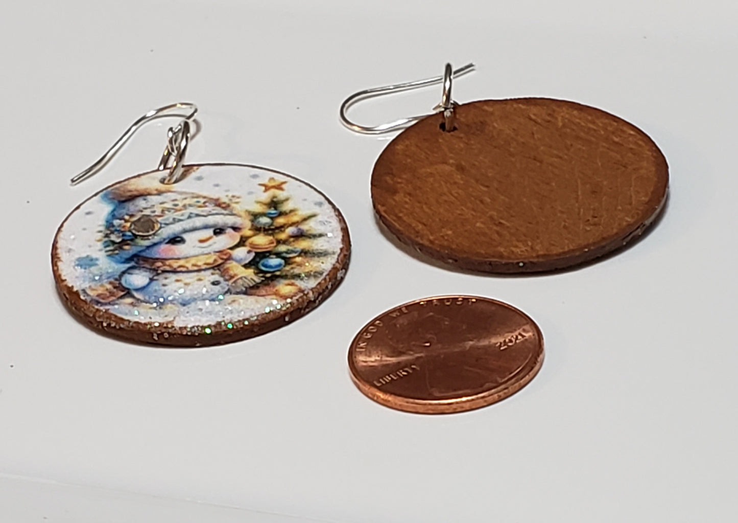 Wooden Decoupage Earrings (Cute Tiny Snowman) round