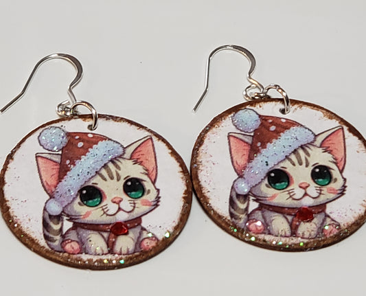 Christmas Kitty Earrings wood decoupage round