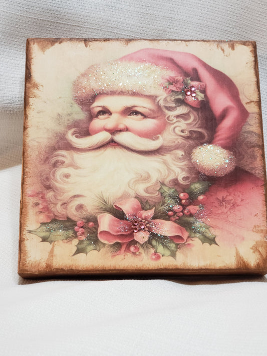 Pink Santa with Poinsettia wood block