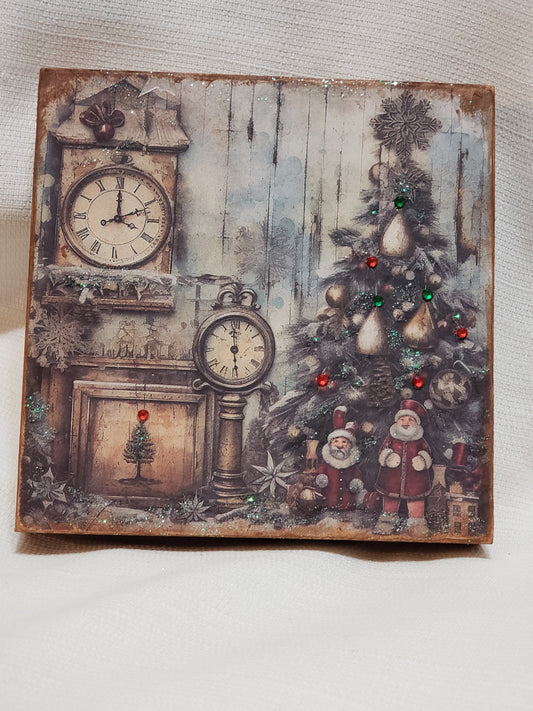 CHRISTMAS TREE with CLOCKS & TOYS wood block 5 x 5