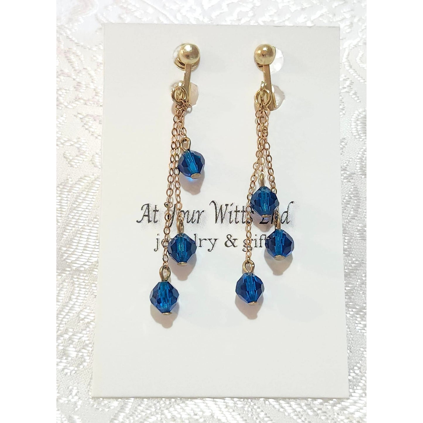 3 Strand Gold Chain with Cobalt Blue Crystal Chandelier Earrings