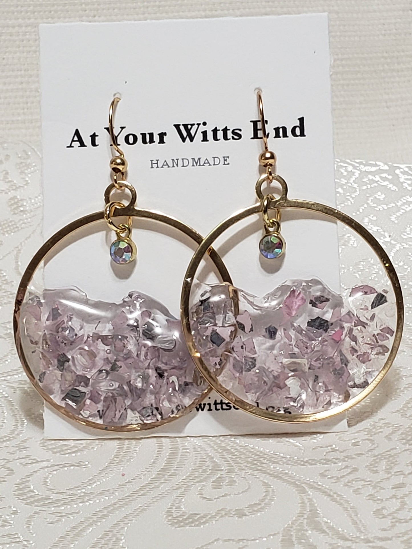 Lavender Dream Resin Hoop Earrings – Handmade Glass Chip Dangle Earrings – Gold Hoops with Iridescent Charm – Lightweight Statement Jewelry