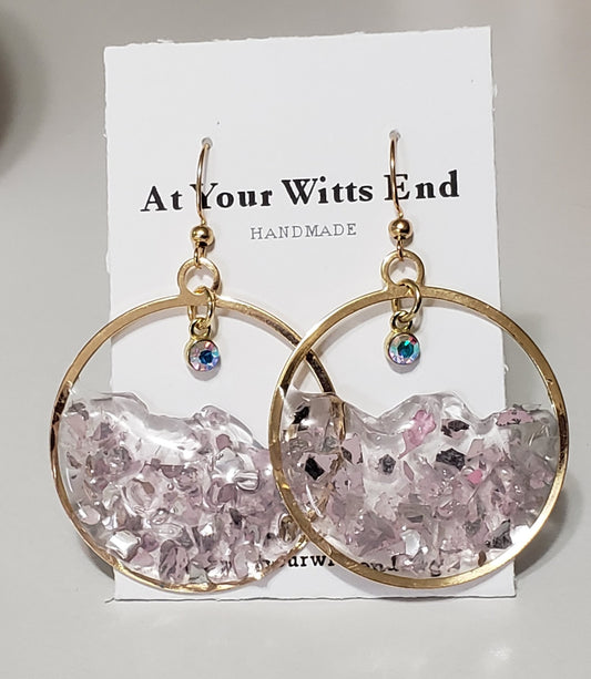 Lavender Dream Resin Hoop Earrings – Handmade Glass Chip Dangle Earrings – Gold Hoops with Iridescent Charm – Lightweight Statement Jewelry