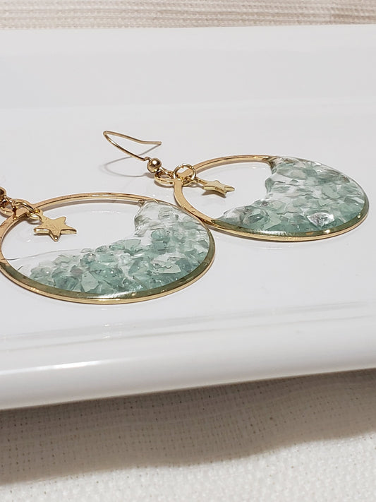 Minty Stardust Resin Hoop Earrings – Pale Green Glass Chip Dangles – Gold Hoops with Star Charm – Lightweight Handmade Jewelry