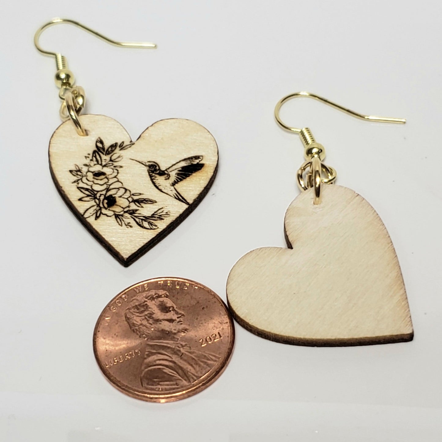 Laser-Engraved Hummingbird & Floral Heart Earrings – Lightweight Wood Jewelry