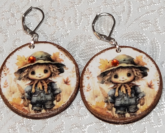 Wooden Decoupage Earrings (Scarecrow) round