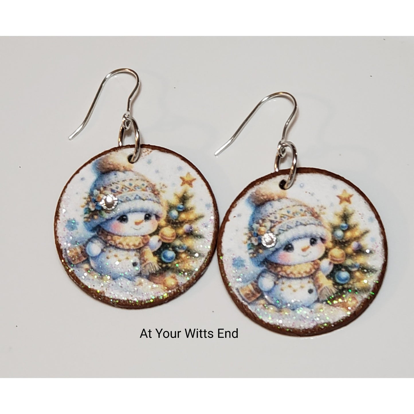 Wooden Decoupage Earrings (Cute Tiny Snowman) round