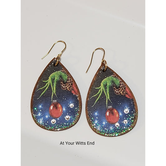 Wooded Decoupage Earrings (Grinch hand with ball)