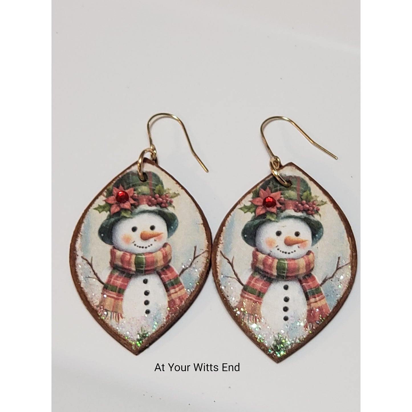 Wooden Decoupage Earrings (snowman with poinsettia hat, pointed oval